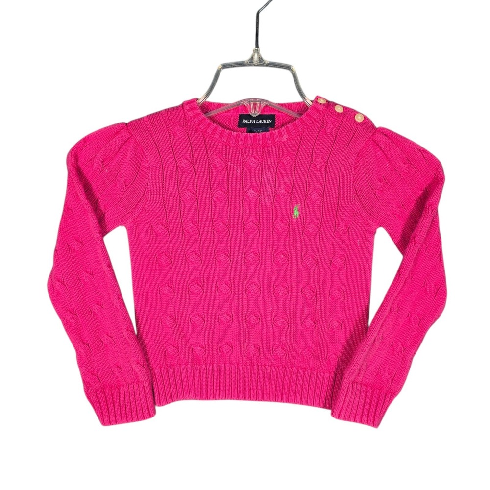 Vintage Ralph‎ Lauren Sweater Girls 4/4T Cable Knit Hot Pink Green Logo Button